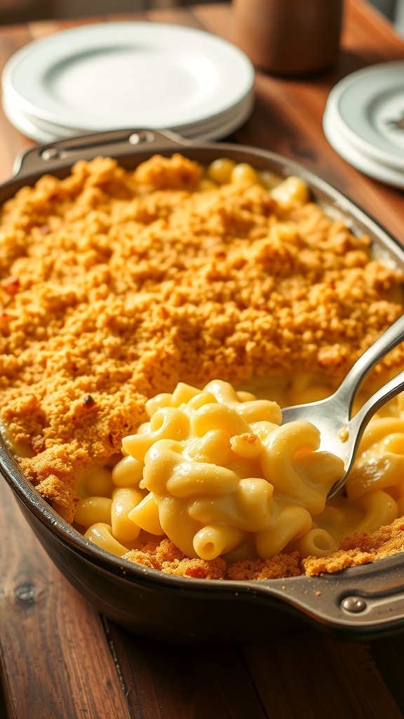 Baked macaroni and cheese casserole with a golden breadcrumb topping, served in a rustic dish.